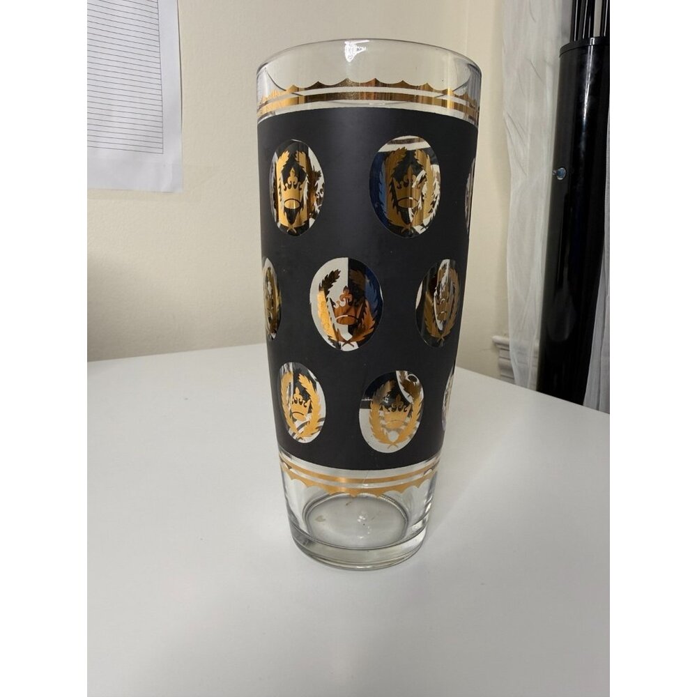 Vintage Mid Century Black & Gold Crown Laurel Tall Highball Glass 8” By G. Reeve